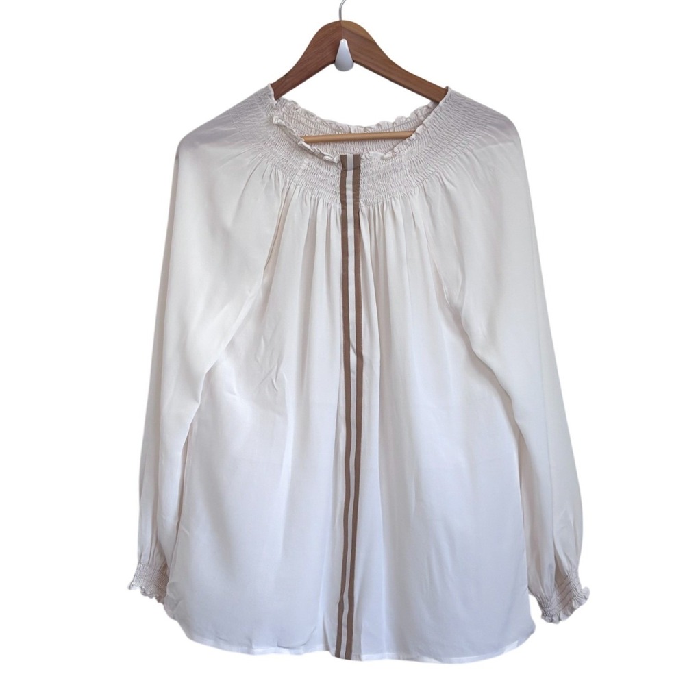 Rungolee Womens Brooklyn Silk Peasant Top Small White Stripe Boho Smocked Blouse